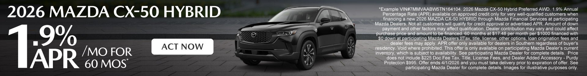 2026 Mazda CX-50 Hybrid	1.9% APR for 60 months*