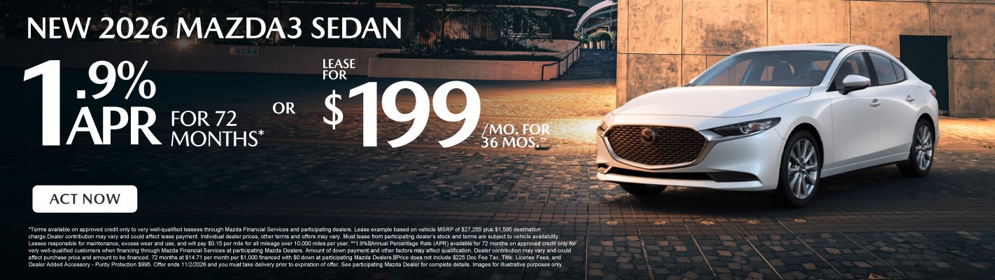 New 2026 Mazda3 Sedan - 1.9% APR/72 Mos* or Lease for $199