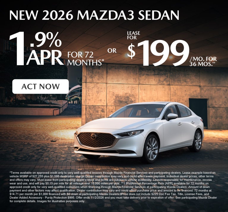 New 2026 Mazda3 Sedan - 1.9% APR/72 Mos* or Lease for $199
