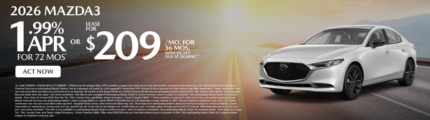 2026 Mazda3 - 1.99% APR/72 mos* or Lease for $209/mo