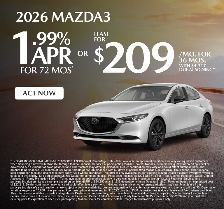 2026 Mazda3 - 1.99% APR/72 mos* or Lease for $209/mo